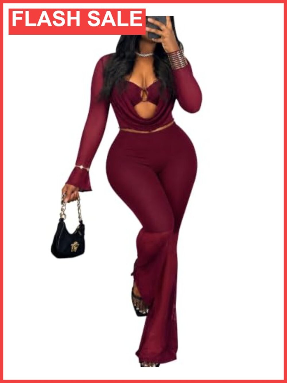 Mesh 3 Piece Pant Set Cowl Neck Top Bandeau High Waist Flare Pants Club Outfit
